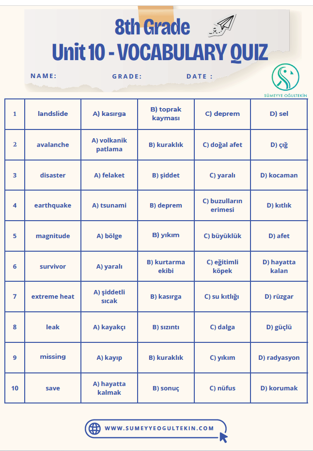 8.10 Natural Forces VOCABULARY QUIZ (20 Kelime)